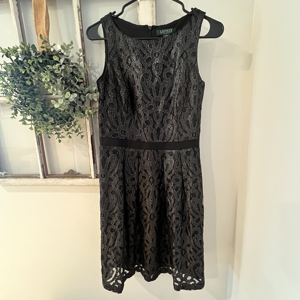 Lauren Ralph Lauren Black Metallic Lace Classy Dress Size 4 pockets